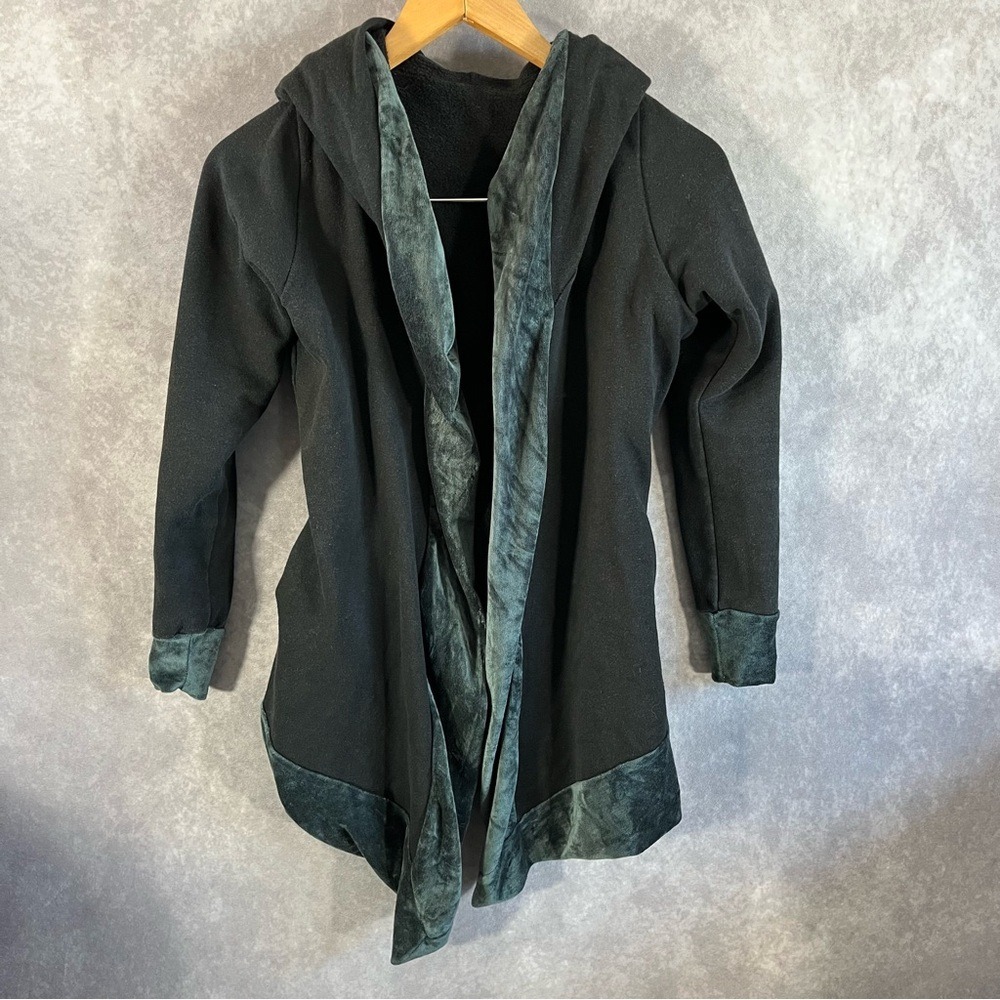 Organic Hoodie Womens XS Black & Gray Jacket Hippie Boho Open Front Pockets Coat
